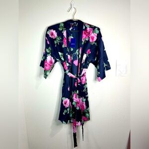 APT. 9 Women’s Satin Floral Kimono Robe Short Lightweight Lounge Navy Small